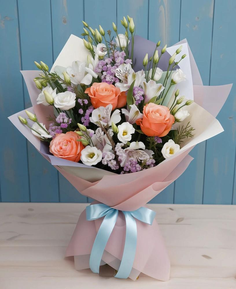 Букет цветов из: Лизиантусы, Розы, Альстромерии и Гипсофила в Гуково