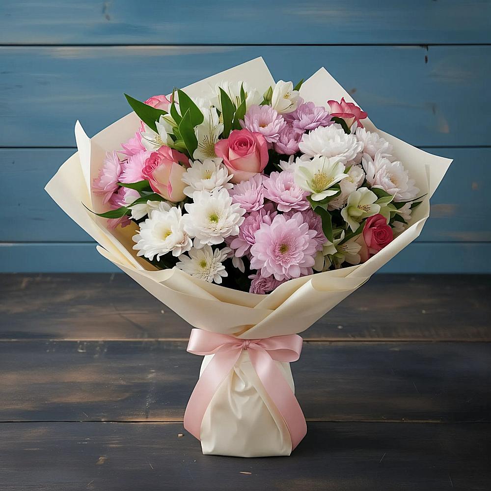 Букет цветов из: Хризантемы, Альстромерии и Розы в Гуково